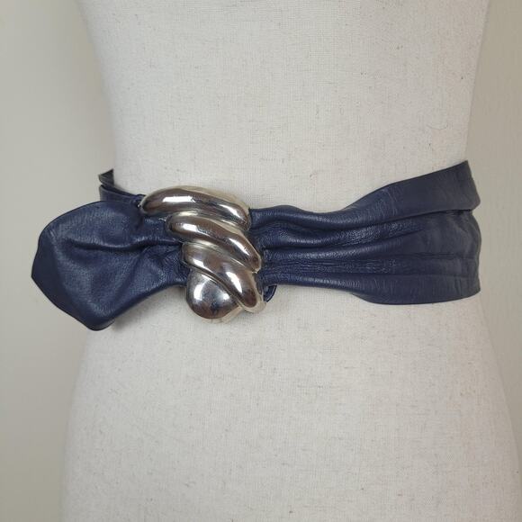 VTG Blue Leather Belt Small Wide Waist Sculptural Buckle Statement 80s Sash main image 5